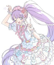  1girl :d ;d blue_dress blush_stickers bow bowtie brooch double_v dress dress_bow frilled_sleeves frills hair_bow hair_ornament hairband heart heart_brooch highres jewelry ku_(kuooss) lolita_hairband long_hair manaka_non multicolored_dress one_eye_closed pink_bow pink_bowtie pink_dress pink_hairband pretty_series pripara puffy_short_sleeves puffy_sleeves purple_hair rabbit_hair_ornament short_sleeves side_ponytail sidelocks simple_background smile solo v very_long_hair violet_eyes white_background white_dress white_wrist_cuffs wrist_cuffs 
