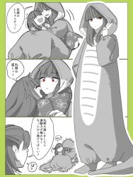  1boy 2girls animal_costume araya_(project_moon) black_hair commentary_request heiya_desu highres hug laughing lei_heng_(project_moon) limbus_company long_hair mother_and_child mother_and_daughter multiple_girls parent_and_child project_moon red_eyes ryoshu_(project_moon) smile snake_costume 
