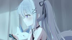  1girl :t arnyang_(ayatsuno_yuni) artist_request ayatsuno_yuni bandaid bandaid_on_arm black_camisole black_choker black_ribbon blush camisole choker closed_mouth commentary_request controller creature crescent_pendant curtains from_side game_controller grey_hair hair_ornament hair_ribbon hairclip highres holding holding_controller holding_game_controller indoors korean_commentary long_hair pendant_choker pout profile ribbon second-party_source sidelighting solo stellive straight_hair tail twintails upper_body violet_eyes virtual_youtuber x_hair_ornament 