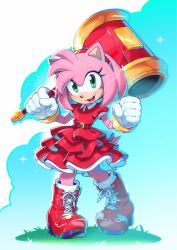  1girl alternate_costume amy_rose animal_ears boots clenched_hands commentary dress english_commentary frilled_dress frills furry furry_female gloves green_eyes hammer highres holding holding_hammer looking_at_viewer open_mouth pink_fur red_boots red_dress saiwo_(saiwoproject) short_sleeves solo sonic_(series) toy_hammer white_gloves 