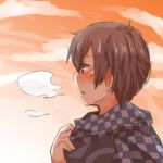  1girl alternate_costume blush brown_hair clouds kaga_(kantai_collection) kantai_collection lowres open_mouth rebecca_(keinelove) scarf short_hair side_ponytail sunset 