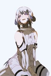  1girl au_ra bare_shoulders black_hair blue_horns blue_scales commentary_request dragon_girl dragon_horns dress final_fantasy final_fantasy_xiv highres horn_ornament horn_ring horns laila_(moth_ram) looking_at_viewer low_horns moth_ram multicolored_hair original scales short_hair simple_background sitting solo tail two-tone_hair violet_eyes warrior_of_light_(ff14) white_background white_hair 
