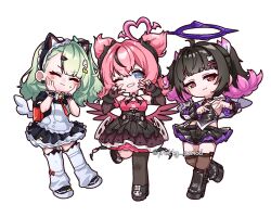  3girls angels_of_delusion animal_ear_hairband animal_ears aria_(human)_(discordant_note)_(zenless_zone_zero) aria_(human)_(zenless_zone_zero) aria_(robot)_(zenless_zone_zero) aria_(zenless_zone_zero) asymmetrical_bangs bag bare_shoulders bell black_bridal_gauntlets black_choker black_dress black_hair black_skirt black_streaks black_thighhighs blue_eyes blush bridal_gauntlets brown_thighhighs cat_ear_hairband cat_ears choker closed_eyes closed_mouth colored_inner_hair commentary_request crossed_bangs deformed detached_sleeves double_v dress fake_animal_ears four-finger_heart_hands full_body green_hair hair_between_eyes hair_ornament hairband hairclip halo hands_on_own_cheeks hands_on_own_face heart heart_halo heart_hands highres korean_commentary leg_up looking_at_viewer maid maid_headdress megaphone multicolored_hair multiple_girls nangong_yu nangong_yu_(rhapsody's_muse) neck_bell official_alternate_costume one_eye_closed pink_hair pretty_period purple_halo quad_tails red_bag red_eyes short_twintails simple_background single_thighhigh skirt skull_ornament smile standing standing_on_one_leg streaked_hair sunna_(afternoon_tea_break)_(zenless_zone_zero) sunna_(zenless_zone_zero) sweatdrop thigh-highs twintails twitter_username v white_background white_thighhighs white_wings winged_bag wings zenless_zone_zero 