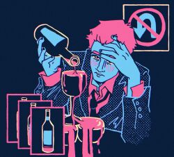  1boy adversarial_noise alcohol black_eyes blue_skin blush bottle bright_pupils closed_mouth colored_skin commentary cup drinking_glass drunk english_commentary hand_on_own_head highres jacket limited_palette no_u-turn_sign pink_hair pink_shirt pouring powernappin puck_goodfellow_(titanium_court) road_sign shirt sign solo suit titanium_court white_pupils wine wine_bottle wine_glass 