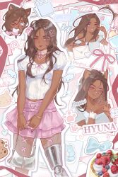  1girl :d ;d alien_stage alternate_costume amputee animal_ears bag birthday brown_hair cake character_name dark-skinned_female dark_skin fancylxncy food fruit grey_eyes hair_ornament hairband hairclip handbag highres holding holding_bag hyuna_(alien_stage) long_hair multiple_views one_eye_closed pink_skirt prosthesis prosthetic_leg shirt skirt smile strawberry white_shirt 