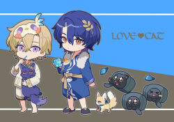  2boys animal animalization aventurine_(boys'_dormitory)_(honkai:_star_rail) aventurine_(honkai:_star_rail) aventurine_(little_cat)_(honkai:_star_rail) aventurine_(origami_bird)_(honkai:_star_rail) barefoot black_slippers blonde_hair blue_background blue_eyes blue_robe blue_slippers brown_sash brushing_teeth cake_cat_(honkai:_star_rail) cat chibi chibi_only closed_mouth collared_shirt commentary crossed_bangs cup dr._ratio_(boys'_dormitory)_(honkai:_star_rail) dr._ratio_(honkai:_star_rail) dr._ratio_(little_cat)_(honkai:_star_rail) english_commentary english_text expressionless grey_background hair_between_eyes hair_ornament hand_up heart holding holding_animal holding_cat holding_cup holding_toothbrush honkai:_star_rail honkai_(series) long_sleeves looking_at_viewer male_focus mask mask_on_head mug multicolored_eyes multiple_boys neck_tattoo origami_bird_(honkai:_star_rail) pajamas parted_bangs purple_cat purple_hair red_eyes robe sash shirt short_hair shorts sleep_mask slippers sweet_love4s tattoo toothbrush toothbrush_in_mouth trailblazer_(honkai:_star_rail) trailblazer_(trash_cake)_(honkai:_star_rail) two-tone_background two-tone_eyes unworn_slippers violet_eyes white_pajamas white_shirt white_shorts yellow_eyes 