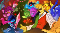  3girls 4boys 4others 7_colored_flowers_(deltarune) absurdres aqua_(deltarune) axe blue_(deltarune) blue_skin boxing_gloves chef_hat colored_skin commentary cowboy_hat deltarune english_commentary fighting_stance flowery_(deltarune) glasses green_(deltarune) hat highres holding holding_axe holding_sword holding_weapon kris_(dark_world)_(deltarune) kris_(deltarune) mouse_girl multiple_boys multiple_girls multiple_others orange_(deltarune) pink_scarf pk_draws_40 purple_skin ralsei red_soul_(utdr) scarf seth_(deltarune) soul_(utdr) susie_(dark_world)_(deltarune) susie_(deltarune) sword utdr_(toby_fox) weapon yellow_(deltarune) yellow_skin 
