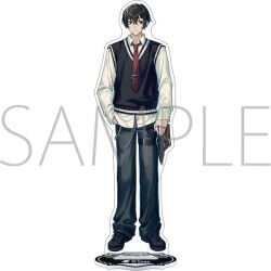  1boy acrylic_stand_(medium) black_eyes black_hair black_pants black_shoes black_sweater_vest collared_shirt jewelry limbus_company long_sleeves looking_at_viewer multiple_rings necktie official_art pants project_moon puffy_long_sleeves puffy_sleeves red_necktie ring sample_watermark shirt shoes solo sweater_vest thigh_sheath thigh_strap tie_clip watermark white_shirt yi_sang_(project_moon) 