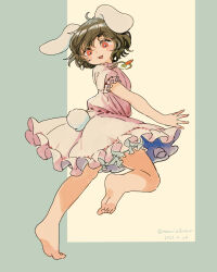  1girl :3 animal_ears aqua_background bare_legs barefoot black_hair bloomers blush canariadraw carrot_necklace commentary_request dress frilled_dress frills full_body highres inaba_tewi jewelry jumping looking_down necklace open_mouth pink_dress puffy_short_sleeves puffy_sleeves rabbit_ears rabbit_girl rabbit_tail red_eyes short_dress short_hair short_sleeves simple_background smile solo tail touhou two-tone_background white_background white_bloomers 