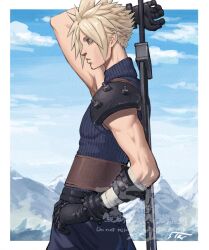  1boy 5tatsu aqua_eyes arm_behind_head armor artist_name bandaged_arm bandages black_gloves blonde_hair blue_pants blue_shirt border buster_sword closed_mouth cloud_strife commentary_request cowboy_shot final_fantasy final_fantasy_vii final_fantasy_vii_rebirth final_fantasy_vii_remake gauntlets gloves highres male_focus outdoors pants pauldrons profile ribbed_shirt shirt short_hair shoulder_armor single_pauldron sleeveless sleeveless_turtleneck solo spiky_hair suspenders sword sword_on_back turtleneck weapon weapon_on_back white_border 