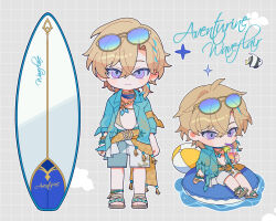  1boy ahoge aqua_shirt aqua_streaks armband arms_at_sides aventurine_(honkai:_star_rail) aventurine_(waveflair)_(honkai:_star_rail) ball beachball blonde_hair blue-tinted_eyewear blue_eyes blush bracelet braid character_name chibi chibi_only closed_mouth cocktail collared_shirt commentary_request crossed_bangs cup drinking drinking_glass drinking_straw drinking_straw_in_mouth ear_piercing eyewear_on_head food fruit gold_ring gradient-tinted_eyewear grey_background grid_background hair_between_eyes hawaiian_shirt holding holding_cup honkai:_star_rail honkai_(series) innertube jewelry lapels lime_(fruit) lime_slice long_sleeves looking_at_viewer male_focus multicolored_eyes multicolored_hair multiple_rings multiple_views neck_tattoo necklace official_alternate_costume on_innertube open_clothes open_shirt parted_bangs piercing ring sandals shirt short_hair shorts single_braid sitting smile sparkle streaked_hair sunglasses surfboard sweet_love4s swim_ring tassel tattoo tinted_eyewear two-tone_eyes violet_eyes water white_shorts yellow_armband 