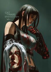  1boy 1girl artist_name bare_shoulders belt belt_buckle black_gloves black_hair black_skirt blood blood_on_clothes blood_on_face blood_on_hand breasts buckle closed_mouth crop_top elbow_gloves english_commentary felineonmars final_fantasy final_fantasy_vii final_fantasy_vii_remake fingerless_gloves gloves gradient_background grey_hair large_breasts lips long_hair midriff navel red_lips sephiroth signature skirt suspender_skirt suspenders tank_top tifa_lockhart twitter_username upper_body white_tank_top 