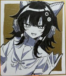  1girl absurdres animal_ear_headphones animal_ears cat_ear_headphones cat_ears cellphone commentary_request dot_nose fake_animal_ears gold_background gold_border headphones highres holding holding_phone mahou_shoujo_no_majo_saiban omegayukichi open_mouth phone sawatari_coco school_uniform serafuku sharp_teeth shikishi shirt simple_background smartphone smile solo teeth traditional_media upper_body upper_teeth_only 