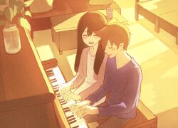  1boy 1girl alternate_costume black_hair blue_sweater blush brown_hair cardigan closed_eyes collarbone commentary double-parted_bangs dress grand_piano grey_pants gum_omori hair_between_eyes hero_(faraway)_(omori) hero_(omori) highres indoors instrument long_hair mari_(faraway)_(omori) mari_(omori) omori open_cardigan open_clothes open_mouth pants piano piano_bench pink_cardigan playing_instrument playing_piano sitting smile sweater white_dress 