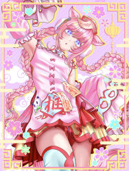  1girl absurdres agnes_digital_(fanatic_jiangshi)_(umamusume) agnes_digital_(umamusume) animal_ears blue_eyes blue_thighhighs blush braid breasts bun_cover detached_sleeves double_bun dress flower hair_bun hat highres horse_ears horse_girl horse_tail jiangshi jiangshi_costume kitty_(3kittie9) long_hair long_sleeves looking_at_viewer official_alternate_costume ofuda ofuda_on_head open_mouth parted_lips pink_dress pink_hair pink_sleeves qingdai_guanmao sleeves_past_fingers sleeves_past_wrists small_breasts solo tail talisman thigh-highs twin_braids umamusume 