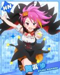  1girl :d blush cape character_name halloween idolmaster idolmaster_million_live! jack-o&#039;-lantern looking_at_viewer maihama_ayumu multicolored_hair open_mouth pink_eyes pink_hair pointing smile solo 