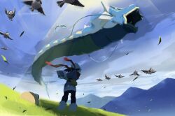  1girl akari_(pokemon) bird blue_sky book clouds commentary day fangs fanny_pack flying from_behind from_below galaxy_team_survey_corps_uniform grass gyarados headscarf highres holding holding_book holding_pokedex light_rays mountainous_horizon natsumi_miyanose official_artist_extra open_book open_mouth outdoors pokedex pokemon pokemon_(creature) pokemon_legends:_arceus red_scarf scarf sky standing starly sunlight white_headscarf 