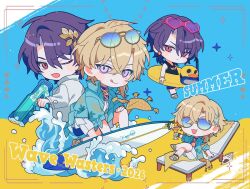  2boys :3 :d :o :q ;o aqua_shirt aqua_streaks armband aventurine_(honkai:_star_rail) aventurine_(waveflair)_(honkai:_star_rail) black_shirt blonde_hair blue-tinted_eyewear blue_background blue_eyes blue_shorts bracelet braid chair chibi chibi_only closed_mouth club_(shape) cocktail cocktail_glass collared_shirt commentary conch crossed_bangs crossed_legs cup dated diamond_(shape) dr._ratio_(honkai:_star_rail) drinking_glass duck_innertube ear_piercing earrings english_text eyewear_on_head flower_earrings gold_bracelet gradient-tinted_eyewear hair_between_eyes hair_ornament hawaiian_shirt heart heart-shaped_eyewear holding holding_cup holding_water_gun honkai:_star_rail honkai_(series) innertube jewelry lapels licking_lips long_sleeves looking_at_viewer lounge_chair male_focus multicolored_eyes multicolored_hair multiple_boys multiple_views necklace official_alternate_costume on_one_knee one_eye_closed open_clothes open_mouth open_shirt parted_bangs piercing pink-framed_eyewear purple-tinted_eyewear purple_hair red_eyes ring sandals seashell shell shirt short_hair shorts single_braid sitting sleeveless sleeveless_shirt sleeves_rolled_up smile spade_(shape) streaked_hair sunglasses surfboard surfing sweet_love4s swim_ring tassel tied_shirt tinted_eyewear tongue tongue_out two-tone_eyes untranslatable_commentary v-shaped_eyebrows violet_eyes water water_gun waving white_shirt white_shorts wing_collar yellow_armband yellow_background yellow_eyes 
