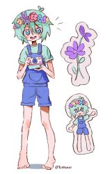  1boy antenna_hair barefoot basil_(headspace)_(omori) basil_(omori) blue_overalls blush camera commentary double-parted_bangs english_commentary flower flower_wreath green_eyes green_hair green_shirt hair_between_eyes head_wreath highres holding holding_camera invisible_floor kiresuuu looking_at_viewer male_focus omori open_mouth overall_shorts overalls shirt short_hair short_sleeves simple_background smile solo standing teeth twitter_username upper_teeth_only white_background 