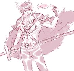  1boy abs cape caydeus chest_tattoo commentary facial_hair fake_horns gloves goatee holding holding_sword holding_weapon horns male_focus monochrome o-ring one_piece short_hair shoulder_pads simple_background solo speech_bubble sword tattoo trafalgar_law weapon 