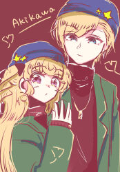  1boy 1girl asymmetrical_bangs beanie blonde_hair blue_eyes brother_and_sister closed_mouth commentary_request green_jacket hat highres idol_time_pripara jacket long_hair looking_at_viewer miinu_(melenas) pretty_series pripara siblings star_(symbol) upper_body violet_eyes yumekawa_shogo yumekawa_yui 