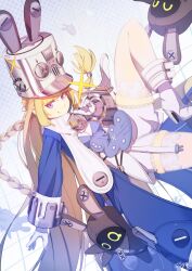  1girl bangboo_(zenless_zone_zero) blonde_hair blue_coat blue_jacket boots braid coat commentary garter_belt garter_straps gloves grey_helmet hat helmet highres jacket large_hat long_hair norma_hollowell onshigou open_clothes open_jacket shako_cap smile thigh-highs violet_eyes white_boots white_garter_belt white_garter_straps white_gloves white_thighhighs zenless_zone_zero 
