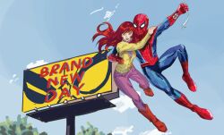  1boy 1girl billboard blue_sky boots holding lips marvel mary_jane_watson midair pants peter_parker purple_pants red_boots red_hair silk sky spider-man spider-man:_brand_new_day spider-man_(series) spider_web sweater user_hzfn8324 western_comics_(style) yellow_sweater 