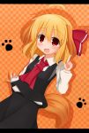 1girl absurdres ahoge animal_ears ascot blonde_hair blouse checkered checkered_background dog_ears dog_tail fang highres kemonomimi_mode maguro-dama open_mouth orange_background paw_print red_eyes rumia short_hair smile tail touhou vest 