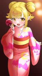  1girl :d blonde_hair candy_apple commentary_request danuya_(danuya030) double_bun fang festival food hair_bun hair_ornament highres holding holding_food japanese_clothes kimono long_hair monogatari_(series) oshino_shinobu pointy_ears smile star_(symbol) vampire yellow_eyes yukata 
