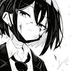  1girl artist_name bandaged_neck bandages blazer blood blood_on_face blue_archive bruise bruise_on_face bruised_eye close-up closed_mouth collared_shirt cuts dated dirty dirty_face ear_piercing earrings expressionless frown greyscale hair_between_eyes half-closed_eyes hatching_(texture) head_tilt highres injury jacket jewelry limpiderm looking_at_viewer loose_necktie mask mask_pull misaki_(blue_archive) monochrome mouth_mask necktie open_clothes open_collar open_jacket piercing portrait scratches shirt short_hair signature simple_background solo stud_earrings surgical_mask unhappy upper_body white_background 