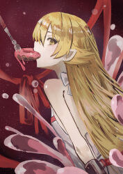  1girl absurdres bare_shoulders blonde_hair cokei commentary doughnut dress food food_in_mouth fork from_side highres long_hair looking_at_viewer monogatari_(series) oshino_shinobu pointy_ears solo vampire white_dress yellow_eyes 