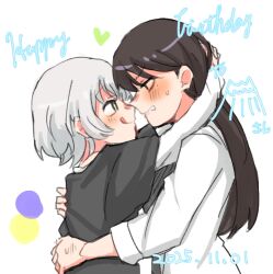  2girls bang_dream! bang_dream!_it's_mygo!!!!! black_hair blush commentary dated eye_contact from_side happy_birthday highres hug kaname_raana layered_sleeves licking_lips long_hair long_sleeves looking_at_another multiple_girls profile satoshi_(peso727) shiina_taki short_hair short_over_long_sleeves short_sleeves simple_background tongue tongue_out upper_body white_background white_hair yellow_eyes yuri 