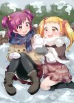  2girls akita_komachi_(pixiv3139843) black_legwear blonde_hair blush boots capelet coat hair_bobbles hair_ornament jacket kasugano_urara long_hair mittens multiple_girls pantyhose pink_eyes pink_hair precure scarf short_hair sitting skirt smile snow snowman suspenders tree twintails yellow_eyes yes!_precure_5 yumehara_nozomi 