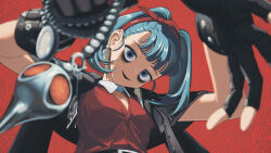  1girl alternate_costume alternate_hairstyle aqua_eyes aqua_hair black_capelet black_eyeshadow black_gloves blurry blurry_foreground bow capelet charm_(object) comb_over commentary contrast_collar depth_of_field detached_collar earrings empty_eyes eyeshadow fingerless_gloves from_below gloves hair_bow hairband hatsune_miku highres holding holding_charm hypnosis hypnotizing_viewer jacket jacket_partially_removed jewelry kee leather leather_gloves leather_jacket lipstick looking_at_viewer looking_down makeup mind_control red_background red_bow red_hairband red_shirt second-party_source sennou_(vocaloid) shirt short_hair short_twintails skull_charm solo spiral_background triangle_earrings twintails upper_body vocaloid 