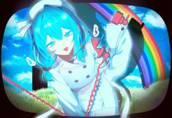 28gom28 :d alternate_costume alternate_hairstyle antique_phone aqua_eyes aqua_hair beret bloom buttons collared_jacket commentary corded_phone doorway double-breasted double-parted_bangs earrings fake_sky film_grain grass hair_between_eyes hair_ornament hat hat_ornament hatsune_miku highres holding holding_phone hole_in_wall jacket jewelry long_sleeves looking_at_viewer low_twintails pencil_skirt phone rainbow rounded_corners shadow short_twintails skirt sleeves_past_fingers sleeves_past_wrists smile through_medium through_screen twintails upper_body vocaloid white_hat white_jacket white_skirt wonder_(vocaloid) 