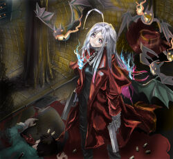  1boy 1girl akashiya_moka aono_tsukune bat_(animal) bat_wings black_hair blood bullet commentary_request cross crucifix fire gun hal9500 hellsing holding holding_gun holding_weapon inner_moka red_eyes rosario+vampire weapon white_hair wings 