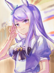  1girl animal_ears aqua_bow blush bow bowtie breasts closed_mouth ear_bow ear_ribbon glasses highres horse_ears horse_girl long_hair looking_at_viewer mejiro_mcqueen_(umamusume) neko_juu puffy_short_sleeves puffy_sleeves purple_bow purple_bowtie purple_hair purple_shirt sailor_collar sailor_shirt school_uniform shirt short_sleeves small_breasts smile solo tracen_school_uniform umamusume upper_body violet_eyes white_sailor_collar 