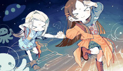  >_< absurdres alien boots bracelet brown_hair commentary_request dress gakuen_idolmaster hair_ornament hairclip highres holding_hands idolmaster jewelry kuramoto_china layered_dress long_hair michinaru_hirogaru_(idolmaster) octopus patchwork_clothes piano_keys sajililli shinosawa_hiro ufo white_hair 