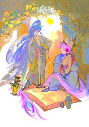  2girls absurdres arknights blue_hair chinese_clothes chinese_commentary colored_extremities commentary_request dragon_girl dragon_horns dragon_tail earrings eastern_dragon_horns eastern_dragon_tail faceless faceless_female fatima_arturo_(xhs_1517656537) full_body hanfu highres horns jar jewelry jun_(arknights) ling_(arknights) long_hair long_sleeves multicolored_hair multiple_girls outdoors pipa_(instrument) pom_pom_(clothes) pom_pom_earrings profile purple_hair purple_hands purple_tail shoes sitting standing tail very_long_hair wide_sleeves 