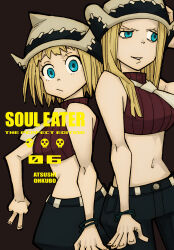  2girls absurdres artist_name bare_shoulders black_pants black_shorts blonde_hair blue_eyes bracelet breasts closed_mouth copyright_name cover cover_page creator_name elizabeth_thompson english_text grey_background highres jewelry long_hair looking_at_viewer manga_cover medium_hair midriff multiple_girls navel necktie numbered official_art ohkubo_atsushi pants parted_lips patricia_thompson red_shirt shirt short_hair shorts siblings simple_background sleeveless sleeveless_turtleneck soul_eater stomach teeth turtleneck upper_body v 