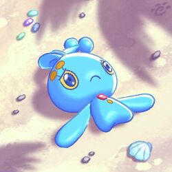  antennae beach blue_eyes colored_sclera commentary_request lowres lying manaphy no_humans on_back pokemon pokemon_(creature) pokemon_focus sad sand seashell shell solo yellow_sclera yellowdog1000 