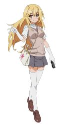  1girl artist_request bag blonde_hair breasts brown_eyes brown_shoes brown_sweater_vest chain chain_between_breasts closed_mouth collared_shirt controller emblem from_side full_body gloves grey_skirt hand_up handbag highres holding holding_controller holding_remote_control large_breasts loafers long_hair looking_at_viewer miniskirt official_art pleated_skirt remote_control school_emblem school_uniform second-party_source shirt shoes shokuhou_misaki short_sleeves simple_background skirt smile solo sparkling_eyes spider_web_print standing star-shaped_pupils star_(symbol) summer_uniform sweater_vest symbol-shaped_pupils tachi-e thigh-highs thighs toaru_kagaku_no_railgun toaru_majutsu_no_index tokiwadai_school_uniform transparent_background under-elbow_gloves v-neck very_long_hair w white_gloves white_shirt white_thighhighs zettai_ryouiki 