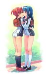  2girls black_hair black_legwear blush buruma closed_eyes futaba_aoi_(vividred_operation) hairband highres isshiki_akane kiss kneehighs long_hair mary_janes michairu multiple_girls redhead school_uniform scrunchie shoes short_hair twintails vividred_operation white_legwear yuri 