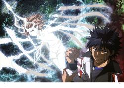  1boy 1girl a_certain_high_school_gym_uniform absurdres artist_request awakening_(toaru) bandaid black_hair black_jacket blue_eyes blue_trim brown_hair collarbone electrical_wings electricity electrokinesis glowing glowing_skin gym_shirt gym_uniform hand_on_own_arm highres jacket kamijou_touma looking_at_viewer medium_hair misaka_mikoto misaka_mikoto_level_6_shift no_pupils official_alternate_costume official_art orange_jacket pointy_ears serious shirt short_hair spiky_hair sweatdrop teeth third-party_source toaru_kagaku_no_railgun toaru_kagaku_no_railgun_t toaru_majutsu_no_index track_jacket white_jacket white_shirt 
