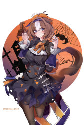  1girl absurdres ahoge animal_ears bat_(animal) black_dress brown_hair commentary_request dress halloween_costume hands_up hat highres horse_ears horse_girl jack-o'-lantern_ornament looking_at_viewer meisho_doto_(dot-o'-lantern)_(umamusume) meisho_doto_(umamusume) silk solo spider_web twitter_username umamusume violet_eyes yuu46464949 
