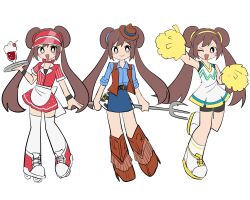  1girl alternate_costume boots bow brown_hair cheerleader cowboy cowboy_boots dress drink hat highres hilda_(pokemon) knee_boots long_hair long_sleeves multiple_views open_mouth pokemon pokemon_black_and_white red_dress roller_skates shirt shorts shorts_under_dress sidelocks skates smile thigh-highs tnm_ilu vest waitress white_thighhighs 