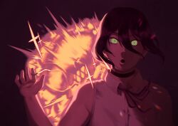  1girl black_choker bomb_hybrid_(chainsaw_man) chainsaw_man choker collared_shirt explosion explosion_background green_eyes grenade_pin highres looking_at_viewer open_mouth portrait reze_(chainsaw_man) shirt short_hair sleeveless solo white_shirt wingedwasabi 