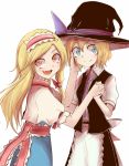  2girls alice_margatroid aqua_eyes blonde_hair braid capelet cosplay costume_switch fang hand_on_another&#039;s_cheek hand_on_another&#039;s_face hat interlocked_fingers kirisame_marisa long_hair multiple_girls ne_kuro necktie red_eyes short_hair short_sleeves side_braid smile touhou witch_hat yuri 
