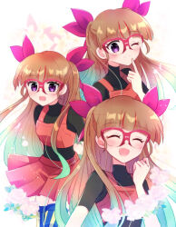  1girl aqua_hair black_shirt blue_theme bow brown_hair closed_mouth commentary_request cropped_shirt finger_to_own_chin glasses gradient_hair hair_bow highres long_hair looking_at_viewer multicolored_hair multiple_views ohdo_yuamu one_eye_closed open_mouth red-framed_eyewear red_bow red_shirt red_skirt red_streaks s_ebi shirt sidelocks skirt smile solo streaked_hair two-tone_hair very_long_hair yu-gi-oh! yu-gi-oh!_go_rush!! 