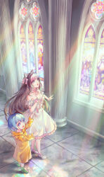  2girls ahoge an_dres_art animal_ears blue_hair boots bow brown_hair cat_ears character_request church copyright_request dress from_side green_boots hair_bow hand_on_own_chest highres jubilee_2025 long_hair luce_(jubilee_2025) multiple_girls open_mouth pink_bow raincoat rubber_boots shoes smile stained_glass strapless strapless_dress sunlight tongue white_shoes 